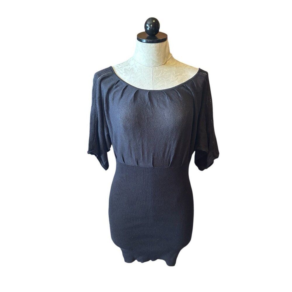 Free People Mini Dress Black Knit Dolman Sleeve Fitted Stretch Sz M